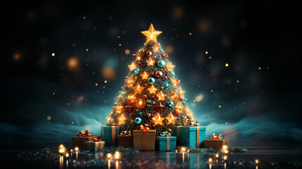 a christmas tree surrounded by great presents in a christmassy homely environment, generative AI