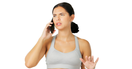 Phone call, conflict and fitness with a sports woman frustrated while isolated on a transparent background. Mobile, communication and frown with an unhappy female athlete arguing in anger on PNG