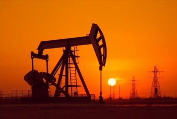 Crude oil pumpjack rig on desert silhouette in evening sunset, energy industrial machine for petroleum gas production background. generative ai