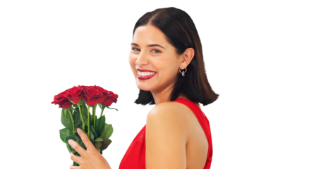 Date, happy woman and portrait with bouquet of roses and smile for valentines day on transparent, isolated or png background. Red, flowers or face of girl with floral gift, present of love or romance