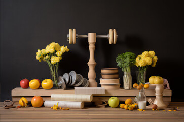 A wooden table with assorted vegetables on it is a studio shot