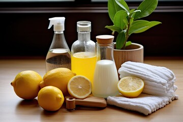A detailed guide on how to make a safe household cleaning solution using environmentally friendly and waste free ingredients, such as vinegar, baking soda, and lemon. The instructions are presented in - obrazy, fototapety, plakaty