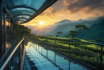 glass bridge over the tea garden with sunset view in the evening. generative ai