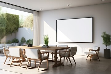 A modern living space featuring a projector screen, contemporary table, and chairs in a sleek white finish.