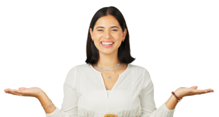 Portrait, palm and choice with a presentation by a woman isolated on a transparent background for comparison. Hand, product and smile with a happy young female person on PNG for selection or decision