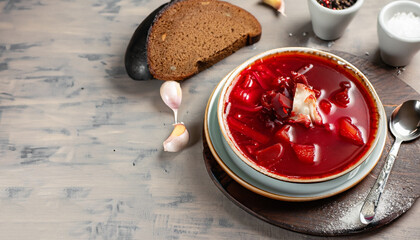 Delicious fresh red borscht, dark bread with lard and salt on kitchen table. Copy space.