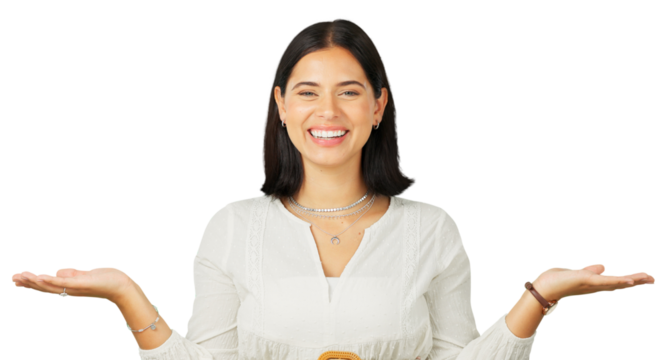 Portrait, palm and choice with a presentation by a woman isolated on a transparent background for comparison. Hand, product and smile with a happy young female person on PNG for selection or decision