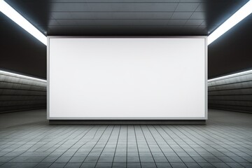 A mockup of horizontal blank advertising banners and posters displayed in an underground tunnel walkway. This space is designated for out of home advertising and is equipped with a lightbox for