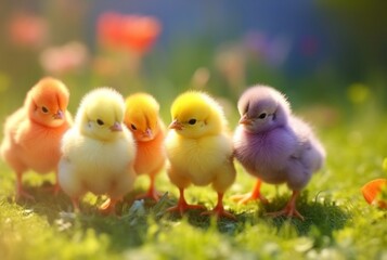 Naklejka premium a group of cute chicks in a green grass garden with blurred sun light background. generative ai