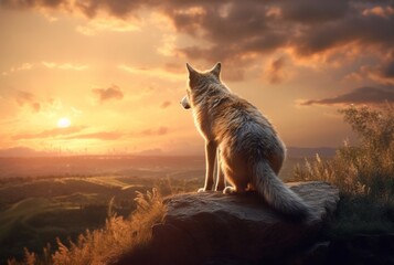 wolf on the hill with sunset view in the evening. generative ai