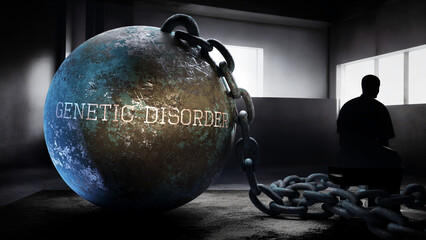 Genetic disorder - a metaphorical view of exhausting human struggle with genetic disorder. Taxing and strenuous fight against a heavy weight. Pain in isolation and loneliness,3d illustration - obrazy, fototapety, plakaty