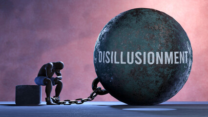 Disillusionment - a metaphor showing human struggle with Disillusionment. Resigned and exhausted person chained to Disillusionment. Drained and depressed by a continuous struggle,3d illustration - obrazy, fototapety, plakaty