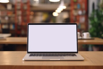 Laptop with blank screen on table with coffee shop blurred background. generative ai