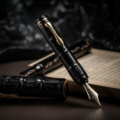 fountain pen on black background made by midjeorney
