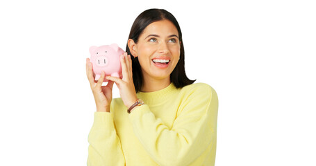 Happy woman, money and savings with piggy bank for investment, budget or finance isolated on a transparent PNG background. Excited female person with piggybank for coin, profit or financial investing