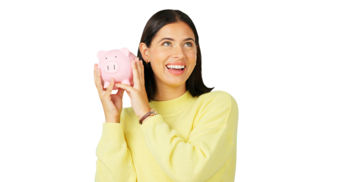Happy woman, money and savings with piggy bank for investment, budget or finance isolated on a transparent PNG background. Excited female person with piggybank for coin, profit or financial investing - Powered by Adobe