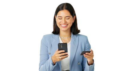 Business woman, phone and credit card in online payment, shopping or ecommerce isolated on a transparent PNG background. Happy female person in fintech transaction or banking app on mobile smartphone