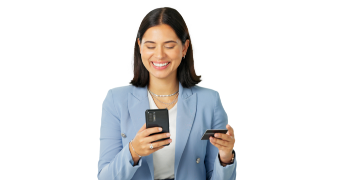 Business woman, phone and credit card in online payment, shopping or ecommerce isolated on a transparent PNG background. Happy female person in fintech transaction or banking app on mobile smartphone - Powered by Adobe