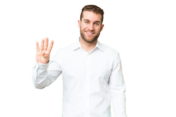 Fototapeta premium Young handsome blonde man over isolated chroma key background happy and counting four with fingers