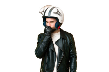 Young handsome blonde man with a motorcycle helmet over isolated chroma key background having doubts