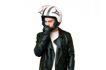 Young handsome blonde man with a motorcycle helmet over isolated chroma key background having doubts