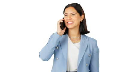 Woman, business and happy for phone call, communication or negotiation chat isolated on transparent png background. Female worker thinking of mobile conversation, hello and networking with contact