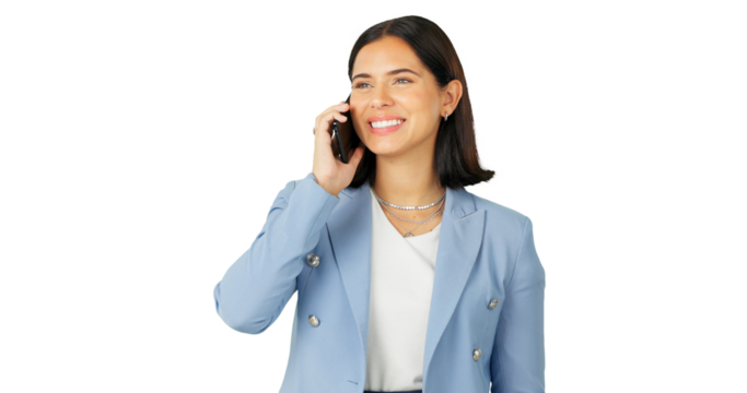 Woman, business and happy for phone call, communication or negotiation chat isolated on transparent png background. Female worker thinking of mobile conversation, hello and networking with contact