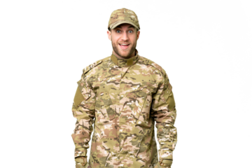 Military man over isolated chroma key background with surprise facial expression