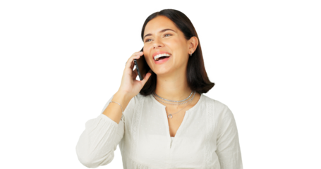 Woman, phone call and smile on smartphone communication for gossip, funny chat and isolated on transparent png background. Female person, cellphone and laugh for conversation, contact and networking