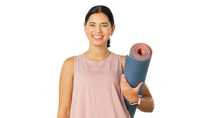 Happy woman, portrait and yoga with mat for pilates, zen workout or exercise isolated on a transparent PNG background. Female person or yogi smile for spiritual wellness, mindfulness or body fitness
