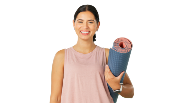Happy woman, portrait and yoga with mat for pilates, zen workout or exercise isolated on a transparent PNG background. Female person or yogi smile for spiritual wellness, mindfulness or body fitness