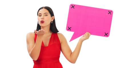 Isolated woman, speech bubble and blow kiss in portrait, beauty and mockup space by transparent png background. Girl, model and romance with poster, billboard or valentines day promo for social media