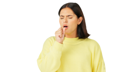 Sick, cough and woman with health, asthma and medical virus isolated on transparent png background. Female model, pain and coughing for flu, tuberculosis or sore throat of allergy, lungs or pneumonia