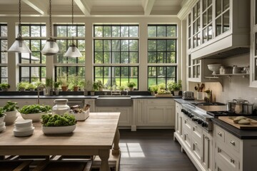 A farmhouse style kitchen that is filled with natural light, has ample space, and features contemporary design elements.