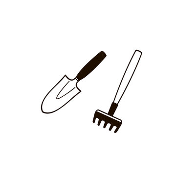 recommend clip art: shovel and rake gardening tools black and white outline illustration
