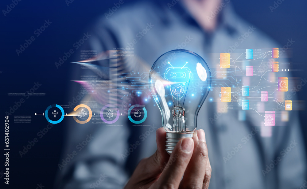 Aufkleber Businessman using ai robot technology for data analytics, Artificial Intelligence generate. Futuristic technology, robot in online system. Business in future to invest and develop corporate concept.