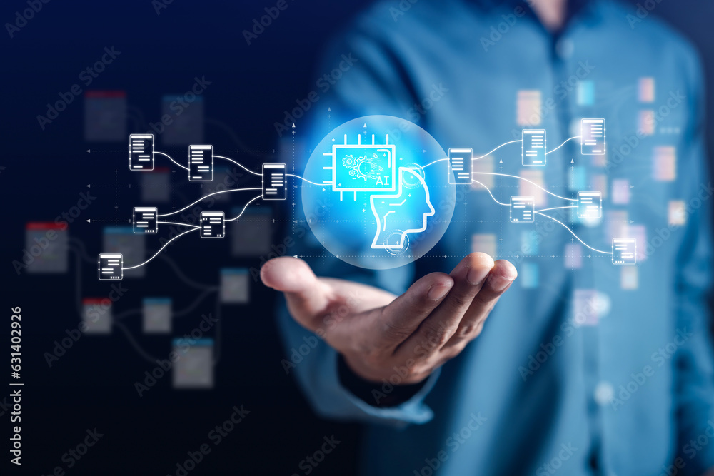 Aufkleber Businessman using ai technology for data analytics, Artificial Intelligence generate. Futuristic technology, robot in online system. Business in future to invest and develop corporate concept.