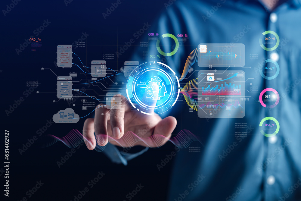 Aufkleber Businessman using ai technology for data analytics, Artificial Intelligence generate. Futuristic technology, robot in online system. Business in future to invest and develop corporate concept.