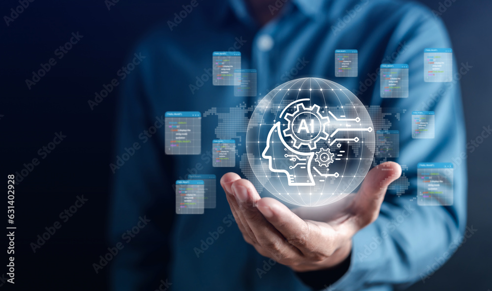 Aufkleber Businessman using ai technology for data analytics, Artificial Intelligence generate. Futuristic technology, robot in online system. Business in future to invest and develop corporate concept.