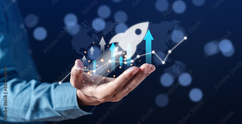 Aufkleber businessman hold virtual rocket launch investment growth, planning and starting corporate business s
