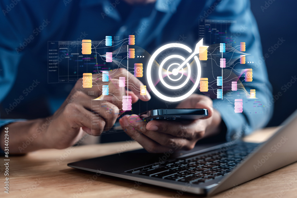 Aufkleber Businessman using ai technology for data analytics marketing target, Artificial Intelligence generated. Futuristic technology in online system. Business in future to invest and development.