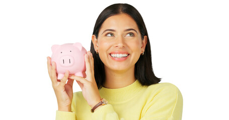 Happy woman, thinking and piggy bank savings for investment, budget or finance growth. Excited...