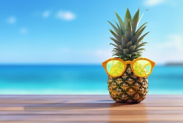 Summer concept cute Pineapple fruit with glasses on wooden table with beach background and clear blue sky. generative ai