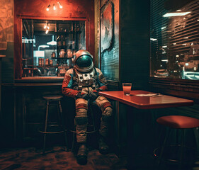 Astronaut sitting at the table in the dark corridor of the restaurant , bar