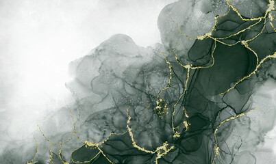 green alcohol ink graceful abstract ink flow art mixed with gold patterns with a translucent background.	