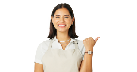 Portrait, pointing and review with a barista woman isolated on a transparent background. Smile, coming soon and restaurant information with a happy young female person on PNG for product marketing