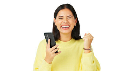 Portrait, phone and woman celebrate success for announcement, notification and bonus news isolated...