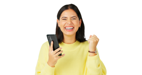 Portrait, phone and woman celebrate success for announcement, notification and bonus news isolated on transparent png background. Happy model, smartphone and fist for winning lotto, deal or promotion