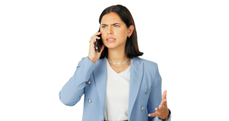 Phone call, arguing or anger with a woman frustrated while isolated on a transparent background. Mobile, communication and frown with an unhappy young female person fighting in conflict on PNG