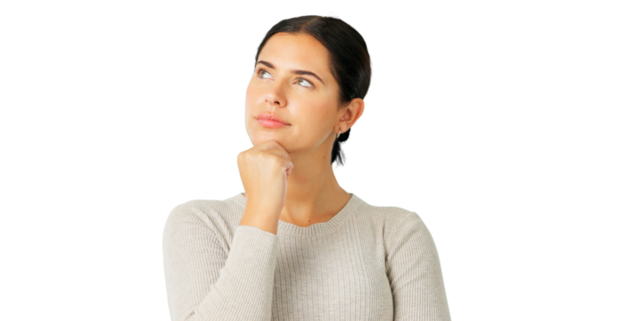 Thinking, face and idea of a young woman with vision or solution isolated on a transparent, png background. Question, mind and a person with hand on chin for choice, inspiration or problem solving